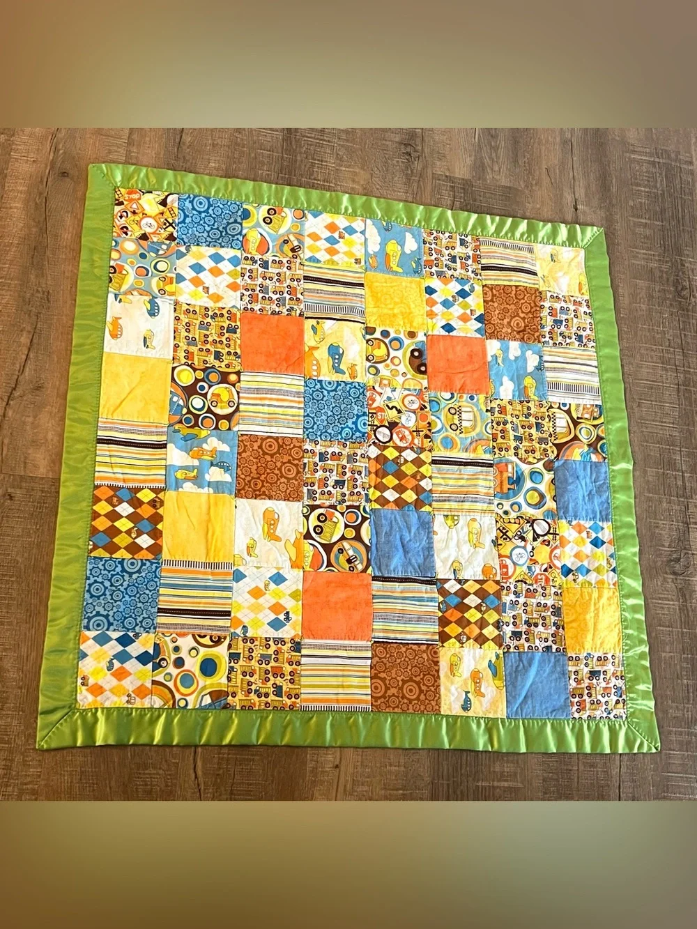 Patchwork Baby Quilt in Yellow, Blue, green 36x36” airplanes trucks car